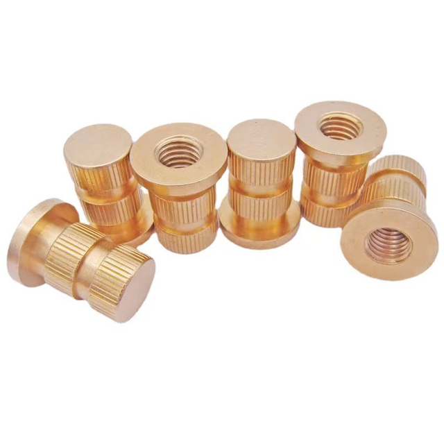 Yellow Flat Round Head Internal Thread Cylindrical Stud Vertical Knurled Injection Molded Brass Insert Nut For Plastic Housing