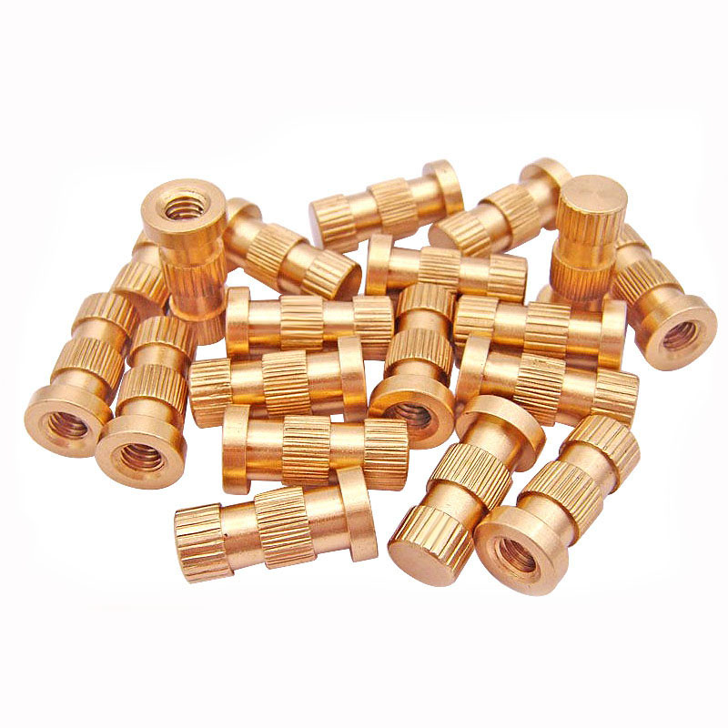 Yellow Flat Round Head Internal Thread Cylindrical Stud Vertical Knurled Injection Molded Brass Insert Nut For Plastic Housing
