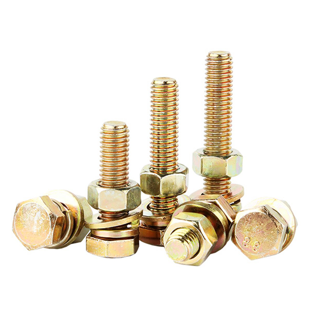 M6 M8 M10 Custom Length Fasteners Carbon Steel Grade 8.8 Galvanized Yellow Zinc Plated Hex Head Round Bolt And Nut With Spring Washer