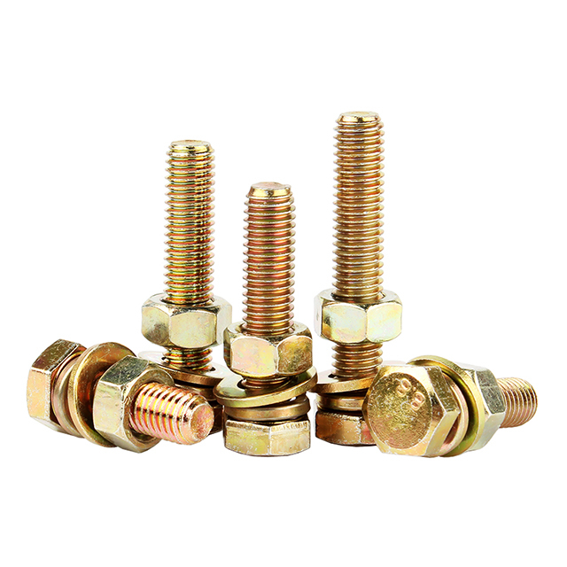 M6 M8 M10 Custom Length Fasteners Carbon Steel Grade 8.8 Galvanized Yellow Zinc Plated Hex Head Round Bolt And Nut With Spring Washer