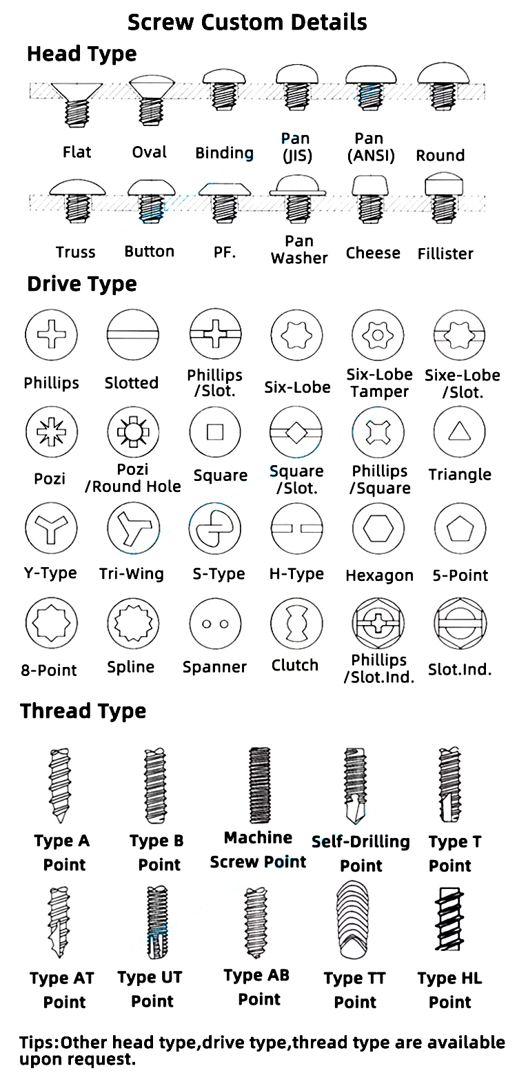 Screw Head Type&Drive Type&Thread Type