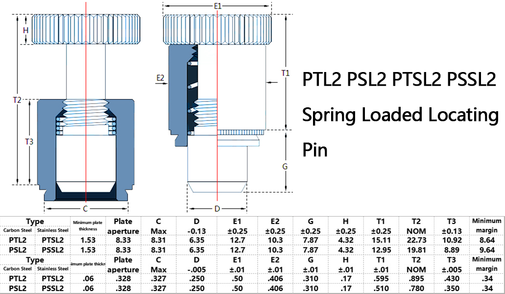 PTL2 PSL2 PTSL2 PSSL2 Spring Loaded Locating Pin Specification Size Chart